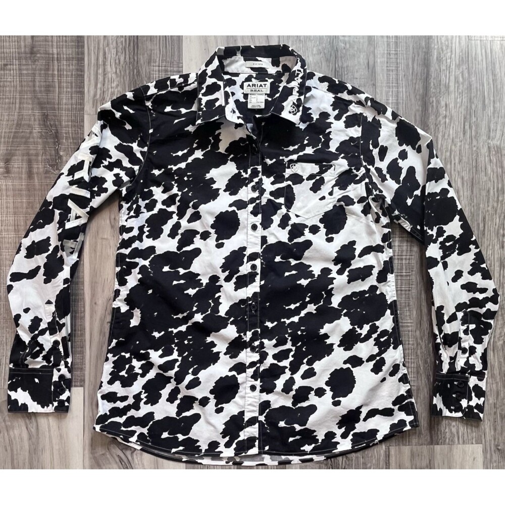 Ariat Women Large REAL Team Kirby Stretch Long Sleeve Fitted Western Cow Print